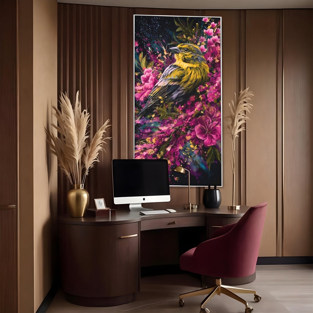Tablou Canvas Premium, LuxCanva® M1537, Splendoarea Primaverii, Pasare, Flori, Gradina, Penaj Colorat, Natura, Paradis, Dormitor, Birou, Living, Camera Copil