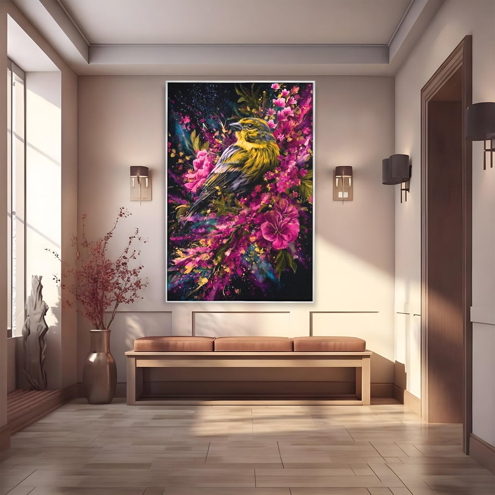 Tablou Canvas Premium, LuxCanva® M1537, Splendoarea Primaverii, Pasare, Flori, Gradina, Penaj Colorat, Natura, Paradis, Dormitor, Birou, Living, Camera Copil