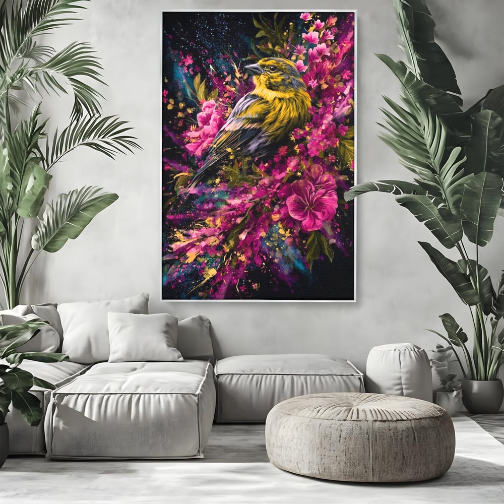 Tablou Canvas Premium, LuxCanva® M1537, Splendoarea Primaverii, Pasare, Flori, Gradina, Penaj Colorat, Natura, Paradis, Dormitor, Birou, Living, Camera Copil