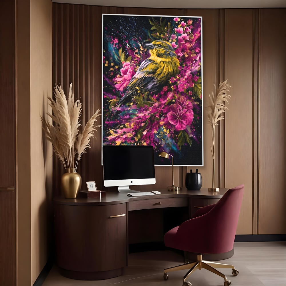 Tablou Canvas Premium, LuxCanva® M1537, Splendoarea Primaverii, Pasare, Flori, Gradina, Penaj Colorat, Natura, Paradis, Dormitor, Birou, Living, Camera Copil