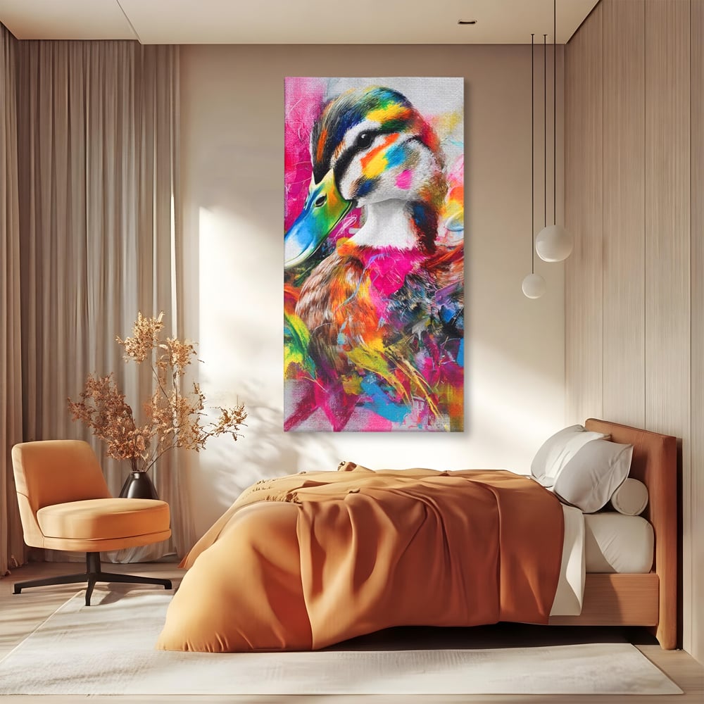 Tablou Canvas Premium, LuxCanva® M1538, Vibratia Naturii, Curcubeu, Culori Vibrante, Abstract, Rata, Pasare, Acuarela, Expresiv, Dormitor, Birou, Living, Camera Copil