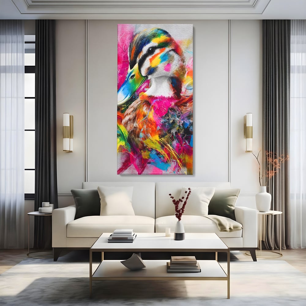 Tablou Canvas Premium, LuxCanva® M1538, Vibratia Naturii, Curcubeu, Culori Vibrante, Abstract, Rata, Pasare, Acuarela, Expresiv, Dormitor, Birou, Living, Camera Copil