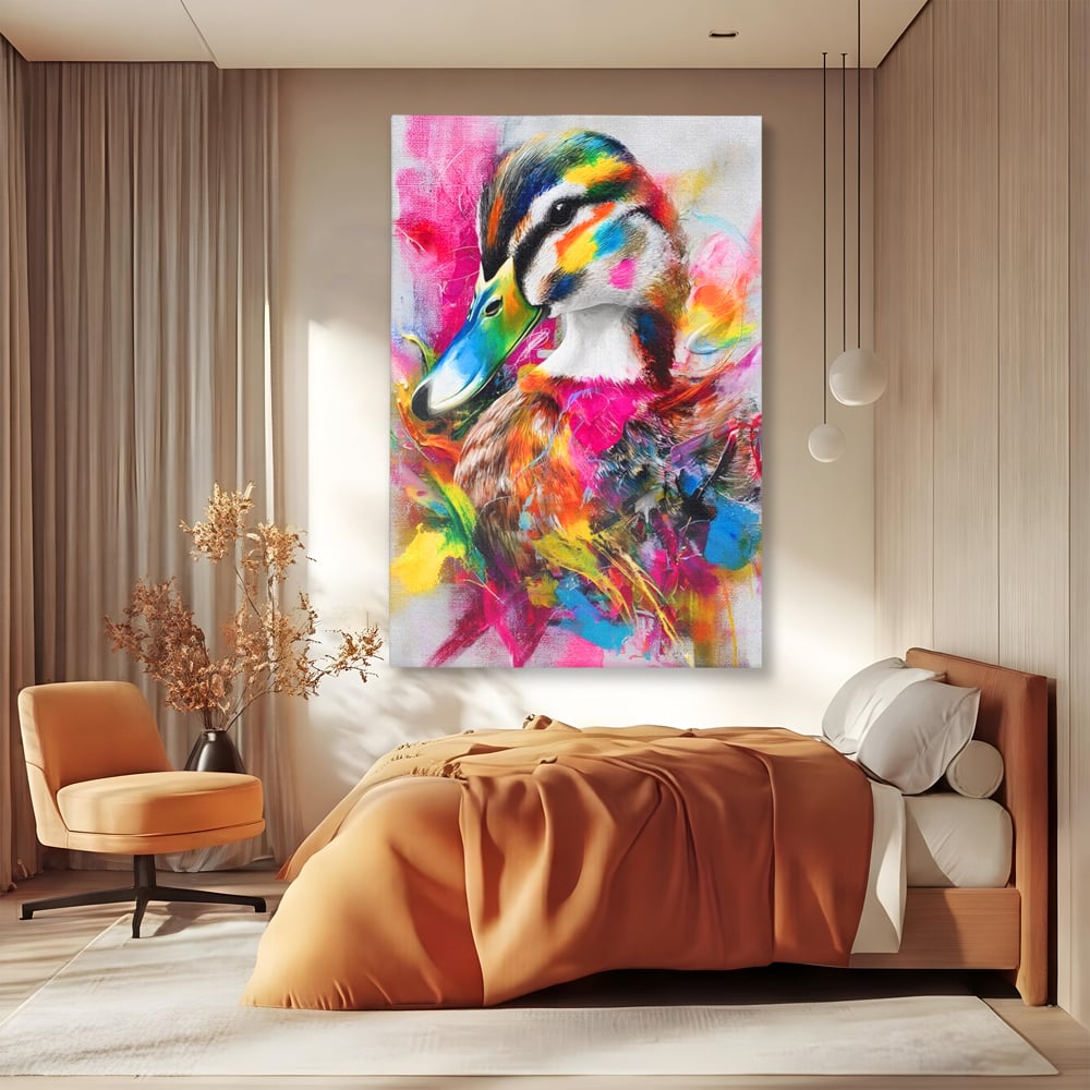 Tablou Canvas Premium, LuxCanva® M1538, Vibratia Naturii, Curcubeu, Culori Vibrante, Abstract, Rata, Pasare, Acuarela, Expresiv, Dormitor, Birou, Living, Camera Copil