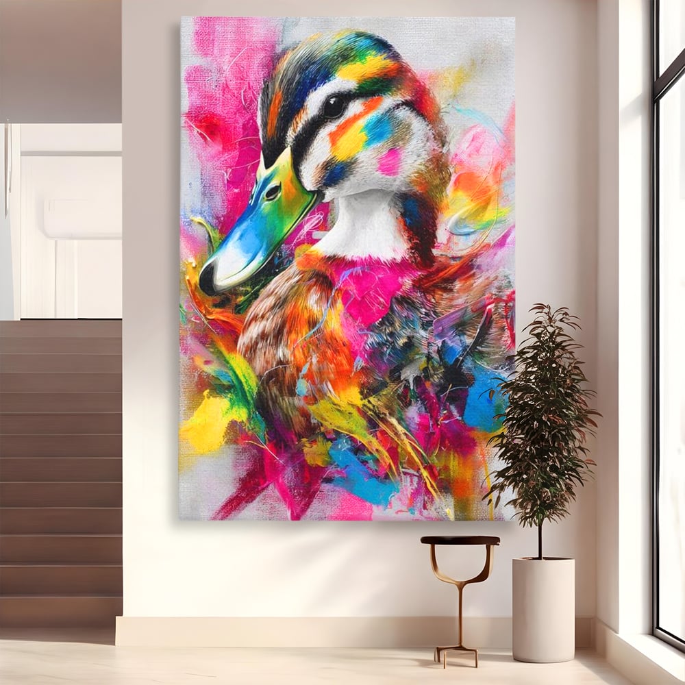 Tablou Canvas Premium, LuxCanva® M1538, Vibratia Naturii, Curcubeu, Culori Vibrante, Abstract, Rata, Pasare, Acuarela, Expresiv, Dormitor, Birou, Living, Camera Copil
