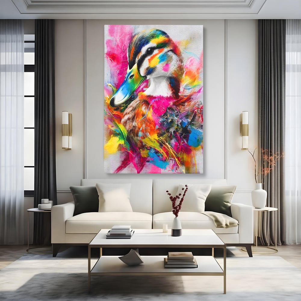 Tablou Canvas Premium, LuxCanva® M1538, Vibratia Naturii, Curcubeu, Culori Vibrante, Abstract, Rata, Pasare, Acuarela, Expresiv, Dormitor, Birou, Living, Camera Copil