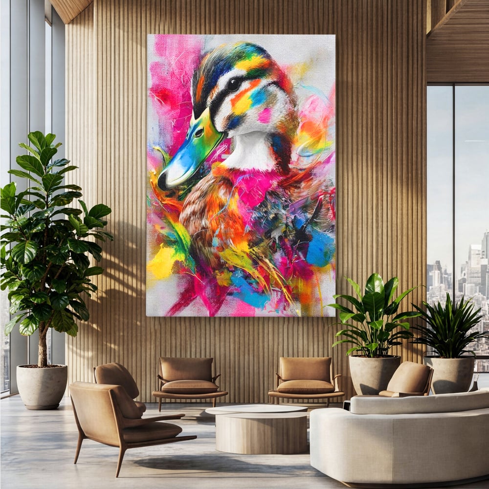 Tablou Canvas Premium, LuxCanva® M1538, Vibratia Naturii, Curcubeu, Culori Vibrante, Abstract, Rata, Pasare, Acuarela, Expresiv, Dormitor, Birou, Living, Camera Copil