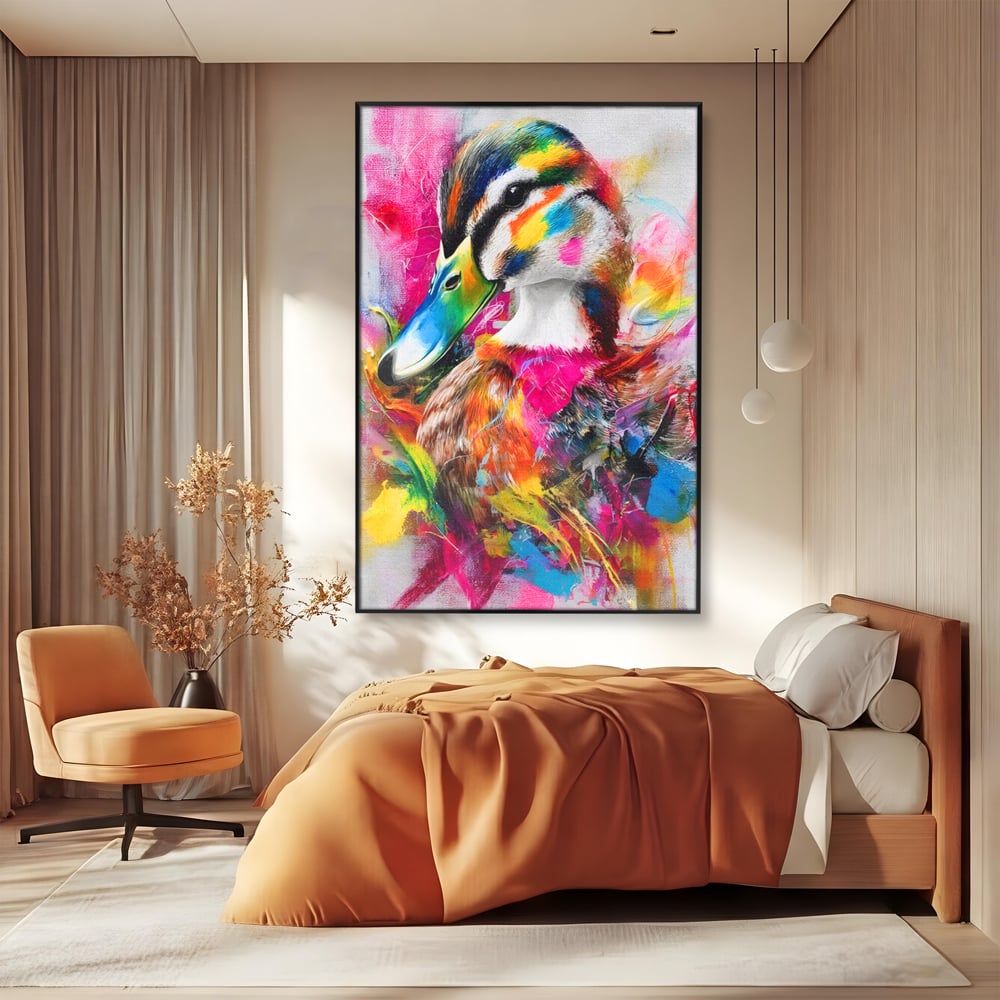 Tablou Canvas Premium, LuxCanva® M1538, Vibratia Naturii, Curcubeu, Culori Vibrante, Abstract, Rata, Pasare, Acuarela, Expresiv, Dormitor, Birou, Living, Camera Copil