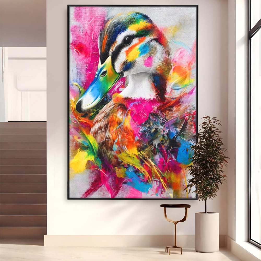 Tablou Canvas Premium, LuxCanva® M1538, Vibratia Naturii, Curcubeu, Culori Vibrante, Abstract, Rata, Pasare, Acuarela, Expresiv, Dormitor, Birou, Living, Camera Copil