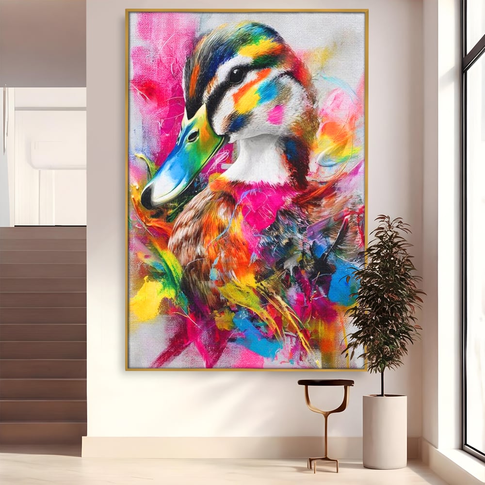 Tablou Canvas Premium, LuxCanva® M1538, Vibratia Naturii, Curcubeu, Culori Vibrante, Abstract, Rata, Pasare, Acuarela, Expresiv, Dormitor, Birou, Living, Camera Copil