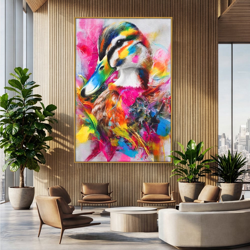 Tablou Canvas Premium, LuxCanva® M1538, Vibratia Naturii, Curcubeu, Culori Vibrante, Abstract, Rata, Pasare, Acuarela, Expresiv, Dormitor, Birou, Living, Camera Copil