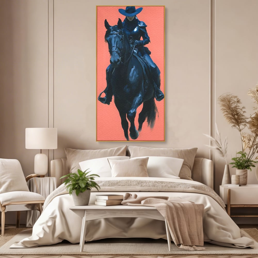 Tablou Canvas Premium, LuxCanva® M1539, Cavalerul Fara Chip, Calaret, Mister, Cal, Armasar, Armura, Epic, Erou, Calatorie, Intunecat, Dormitor, Birou, Living, Camera Copil