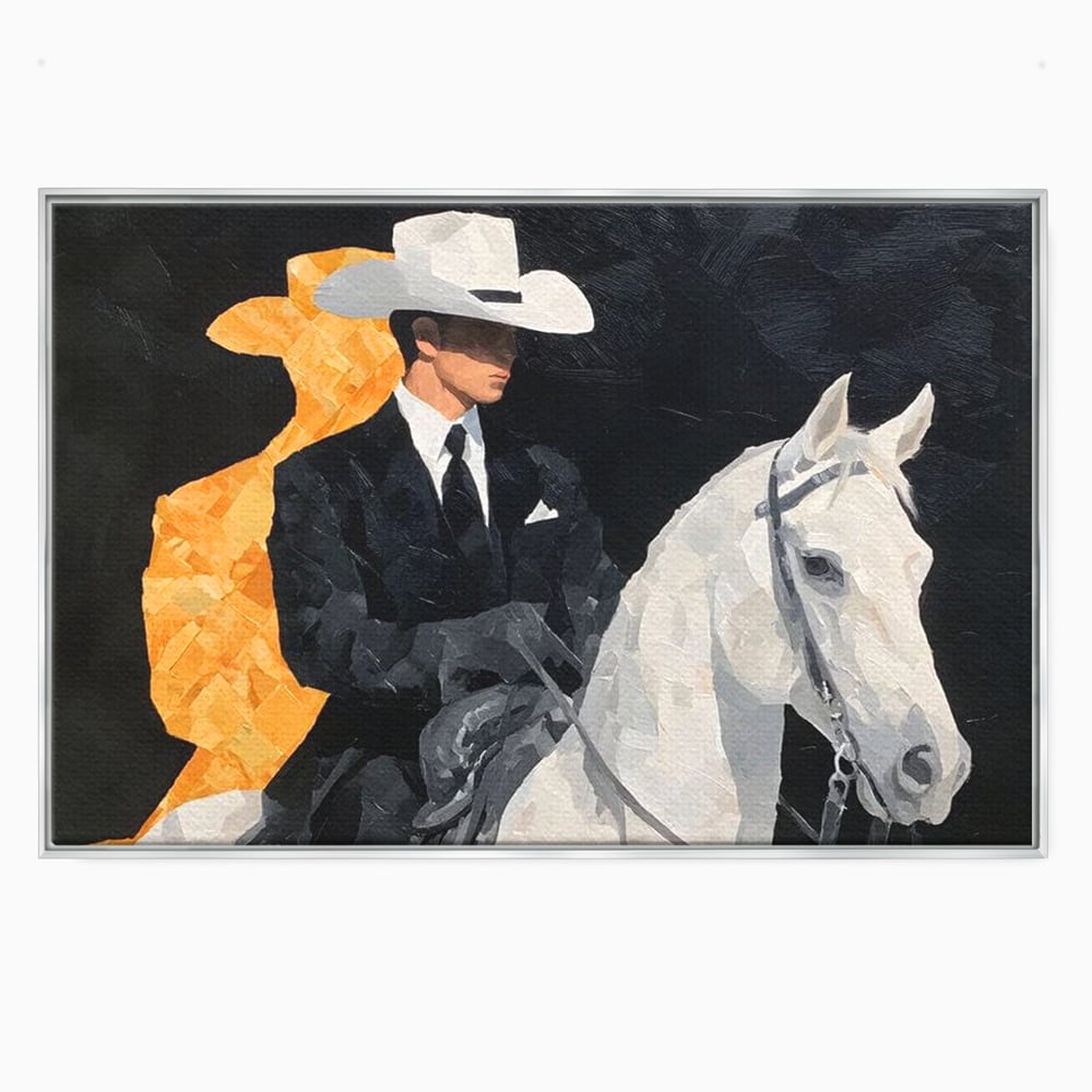 Leinwand Wandkunst Leinwand Wandkunst Premium, LuxCanva® M1540, Shaded Hero, Cowboy, Hüte, Pferd, Mann, Ritter, Elegant, Schatten, Schwarz, Schlafzimmer, Büro, Wohnen, Kinderzimmer