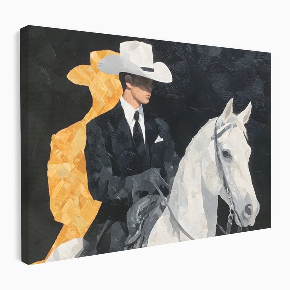Leinwand Wandkunst Leinwand Wandkunst Premium, LuxCanva® M1540, Shaded Hero, Cowboy, Hüte, Pferd, Mann, Ritter, Elegant, Schatten, Schwarz, Schlafzimmer, Büro, Wohnen, Kinderzimmer