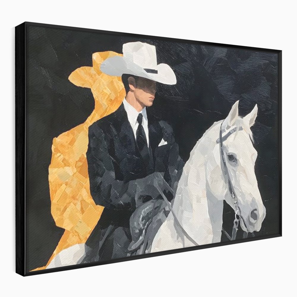 Leinwand Wandkunst Leinwand Wandkunst Premium, LuxCanva® M1540, Shaded Hero, Cowboy, Hüte, Pferd, Mann, Ritter, Elegant, Schatten, Schwarz, Schlafzimmer, Büro, Wohnen, Kinderzimmer