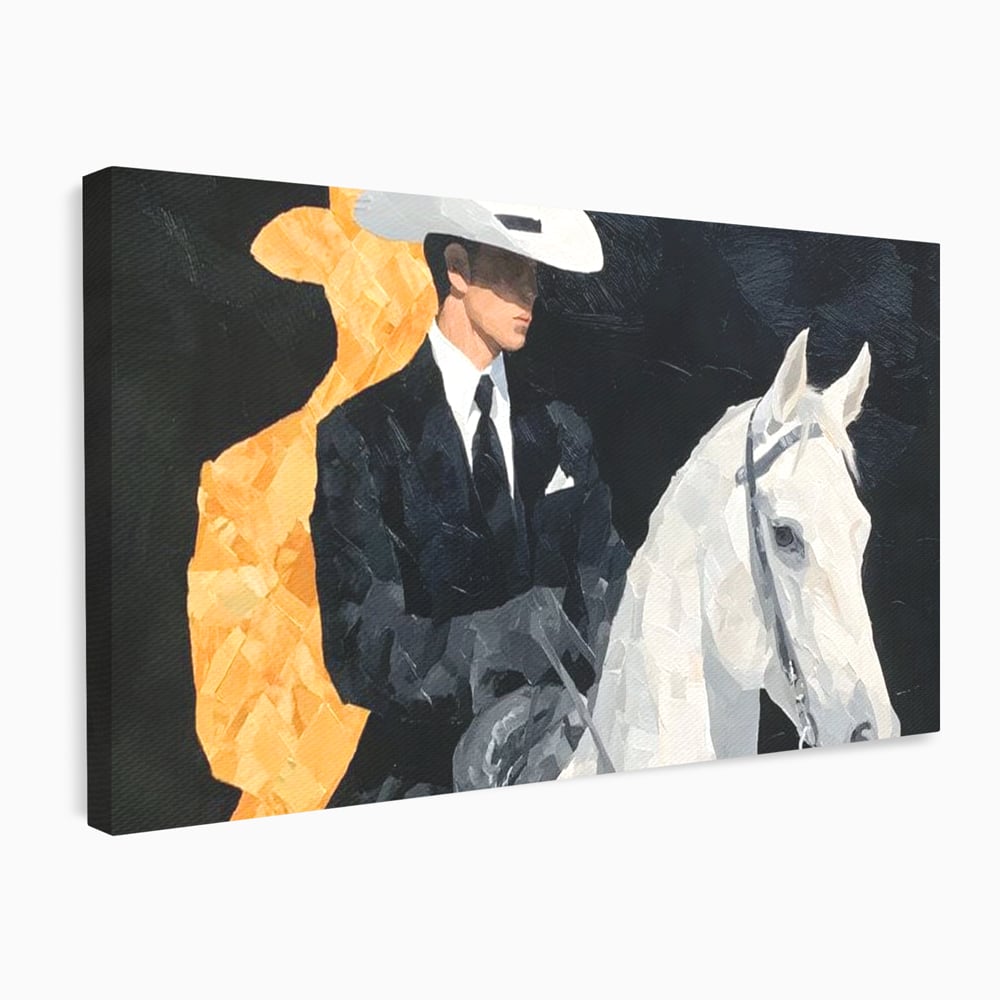 Leinwand Wandkunst Leinwand Wandkunst Premium, LuxCanva® M1540, Shaded Hero, Cowboy, Hüte, Pferd, Mann, Ritter, Elegant, Schatten, Schwarz, Schlafzimmer, Büro, Wohnen, Kinderzimmer