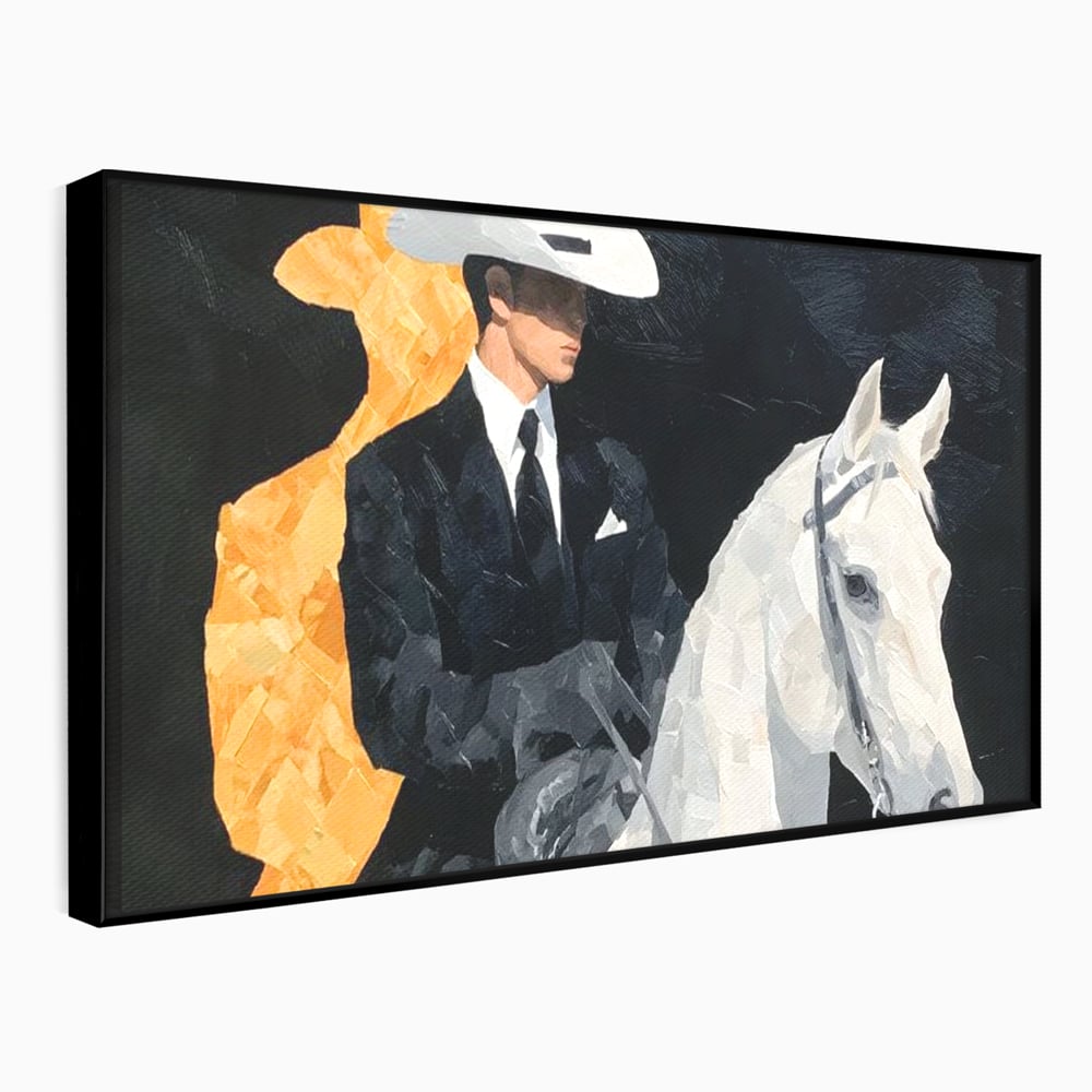 Leinwand Wandkunst Leinwand Wandkunst Premium, LuxCanva® M1540, Shaded Hero, Cowboy, Hüte, Pferd, Mann, Ritter, Elegant, Schatten, Schwarz, Schlafzimmer, Büro, Wohnen, Kinderzimmer
