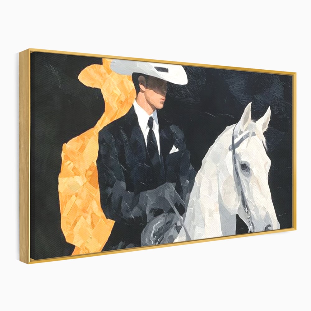 Leinwand Wandkunst Leinwand Wandkunst Premium, LuxCanva® M1540, Shaded Hero, Cowboy, Hüte, Pferd, Mann, Ritter, Elegant, Schatten, Schwarz, Schlafzimmer, Büro, Wohnen, Kinderzimmer
