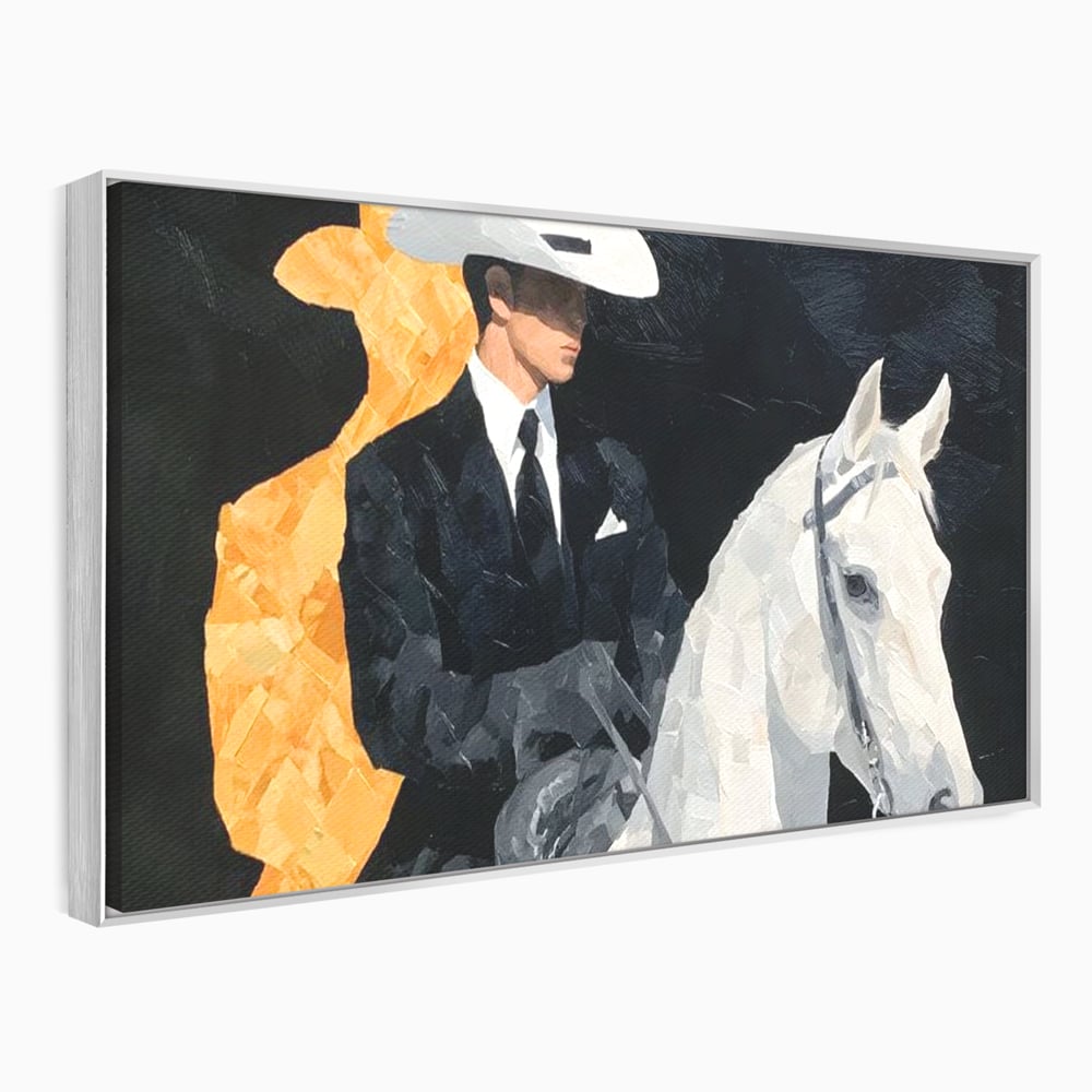 Leinwand Wandkunst Leinwand Wandkunst Premium, LuxCanva® M1540, Shaded Hero, Cowboy, Hüte, Pferd, Mann, Ritter, Elegant, Schatten, Schwarz, Schlafzimmer, Büro, Wohnen, Kinderzimmer