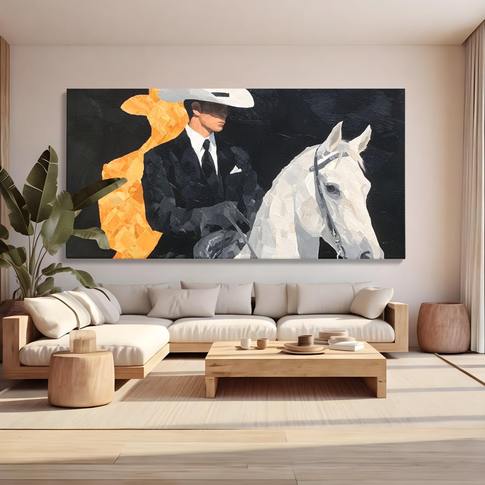 Leinwand Wandkunst Leinwand Wandkunst Premium, LuxCanva® M1540, Shaded Hero, Cowboy, Hüte, Pferd, Mann, Ritter, Elegant, Schatten, Schwarz, Schlafzimmer, Büro, Wohnen, Kinderzimmer