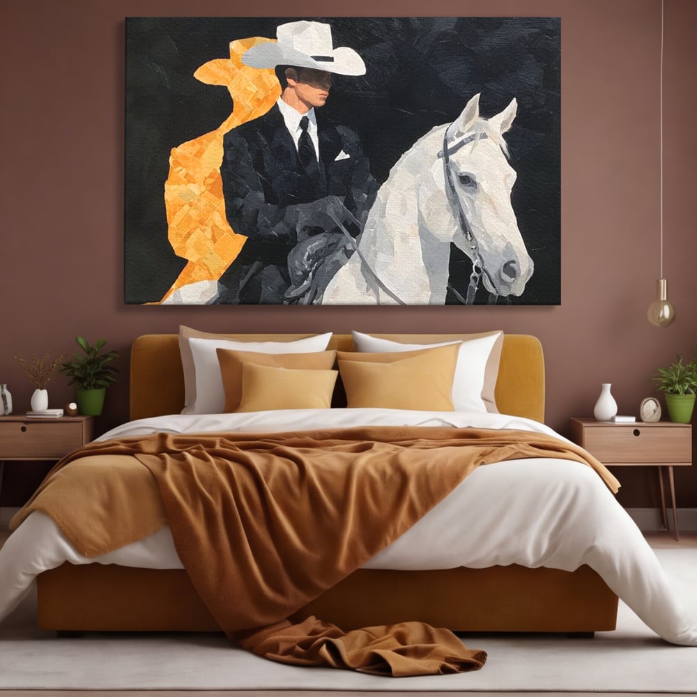 Leinwand Wandkunst Leinwand Wandkunst Premium, LuxCanva® M1540, Shaded Hero, Cowboy, Hüte, Pferd, Mann, Ritter, Elegant, Schatten, Schwarz, Schlafzimmer, Büro, Wohnen, Kinderzimmer