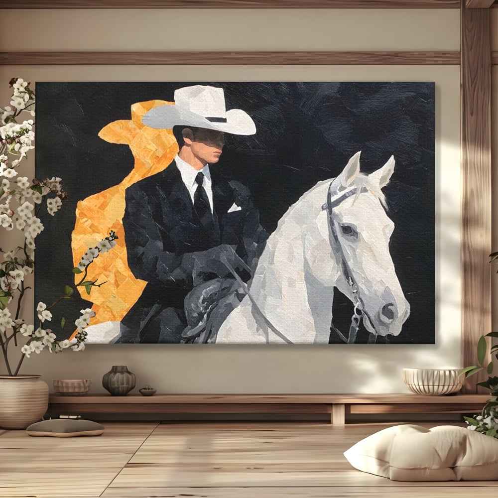 Leinwand Wandkunst Leinwand Wandkunst Premium, LuxCanva® M1540, Shaded Hero, Cowboy, Hüte, Pferd, Mann, Ritter, Elegant, Schatten, Schwarz, Schlafzimmer, Büro, Wohnen, Kinderzimmer