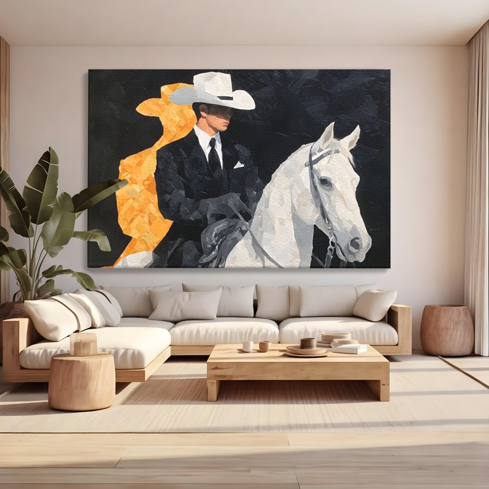 Leinwand Wandkunst Leinwand Wandkunst Premium, LuxCanva® M1540, Shaded Hero, Cowboy, Hüte, Pferd, Mann, Ritter, Elegant, Schatten, Schwarz, Schlafzimmer, Büro, Wohnen, Kinderzimmer