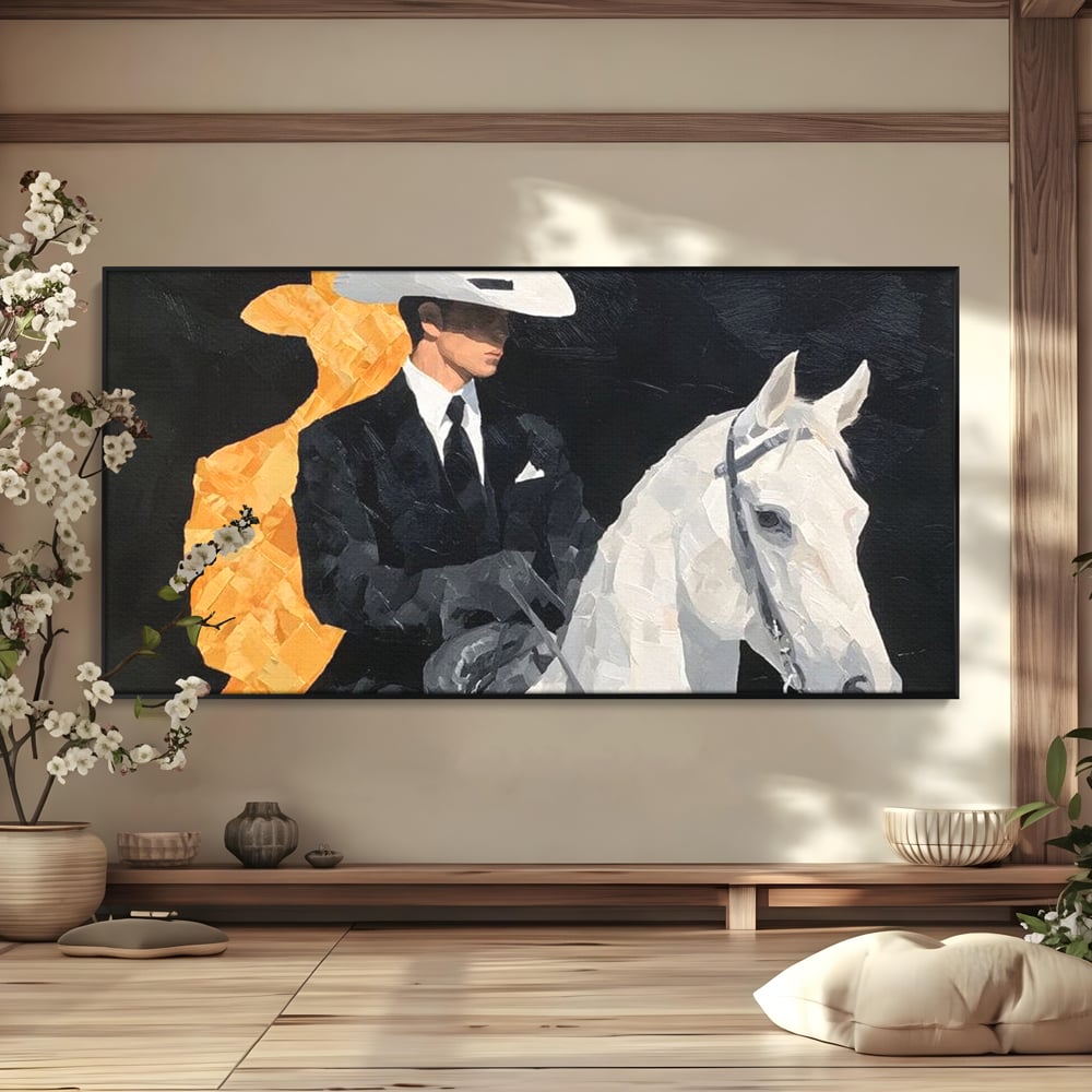 Leinwand Wandkunst Leinwand Wandkunst Premium, LuxCanva® M1540, Shaded Hero, Cowboy, Hüte, Pferd, Mann, Ritter, Elegant, Schatten, Schwarz, Schlafzimmer, Büro, Wohnen, Kinderzimmer
