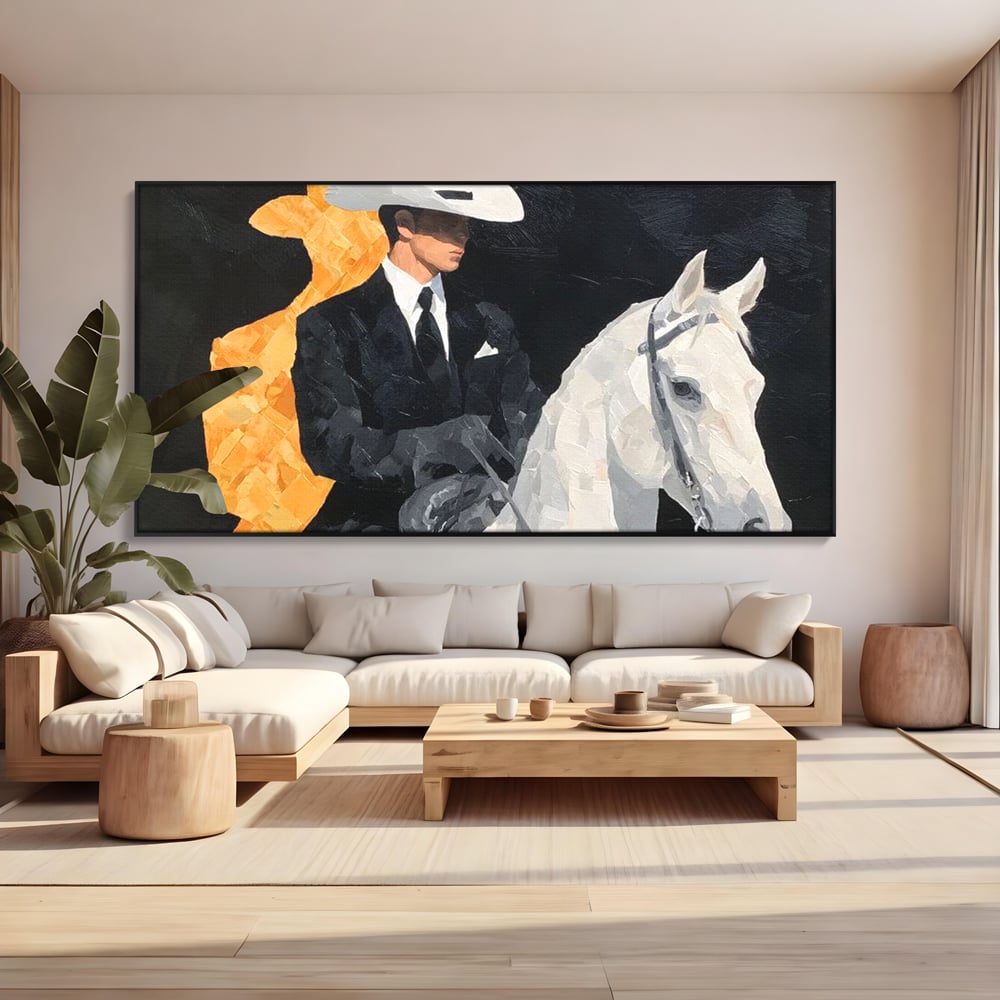 Leinwand Wandkunst Leinwand Wandkunst Premium, LuxCanva® M1540, Shaded Hero, Cowboy, Hüte, Pferd, Mann, Ritter, Elegant, Schatten, Schwarz, Schlafzimmer, Büro, Wohnen, Kinderzimmer