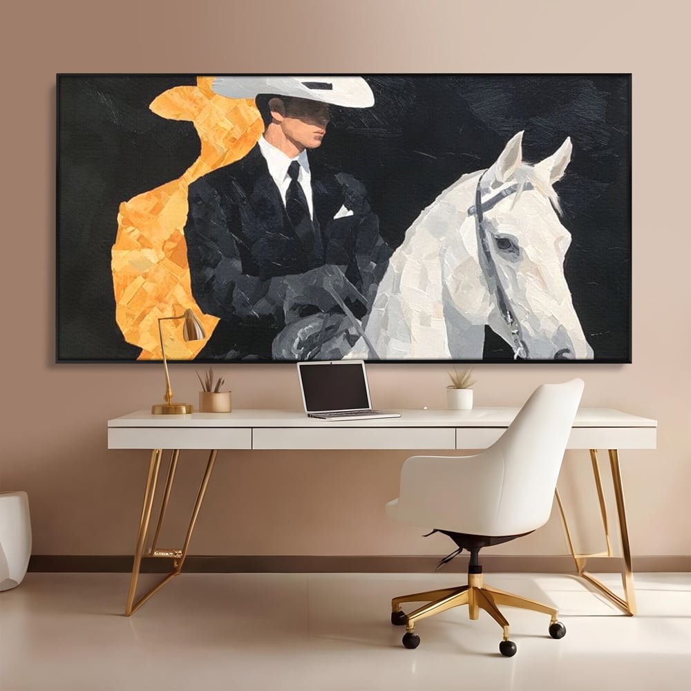 Leinwand Wandkunst Leinwand Wandkunst Premium, LuxCanva® M1540, Shaded Hero, Cowboy, Hüte, Pferd, Mann, Ritter, Elegant, Schatten, Schwarz, Schlafzimmer, Büro, Wohnen, Kinderzimmer