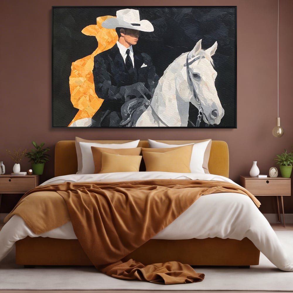 Leinwand Wandkunst Leinwand Wandkunst Premium, LuxCanva® M1540, Shaded Hero, Cowboy, Hüte, Pferd, Mann, Ritter, Elegant, Schatten, Schwarz, Schlafzimmer, Büro, Wohnen, Kinderzimmer