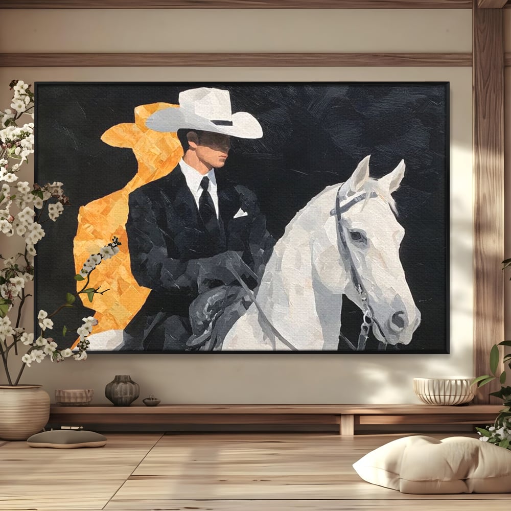 Leinwand Wandkunst Leinwand Wandkunst Premium, LuxCanva® M1540, Shaded Hero, Cowboy, Hüte, Pferd, Mann, Ritter, Elegant, Schatten, Schwarz, Schlafzimmer, Büro, Wohnen, Kinderzimmer