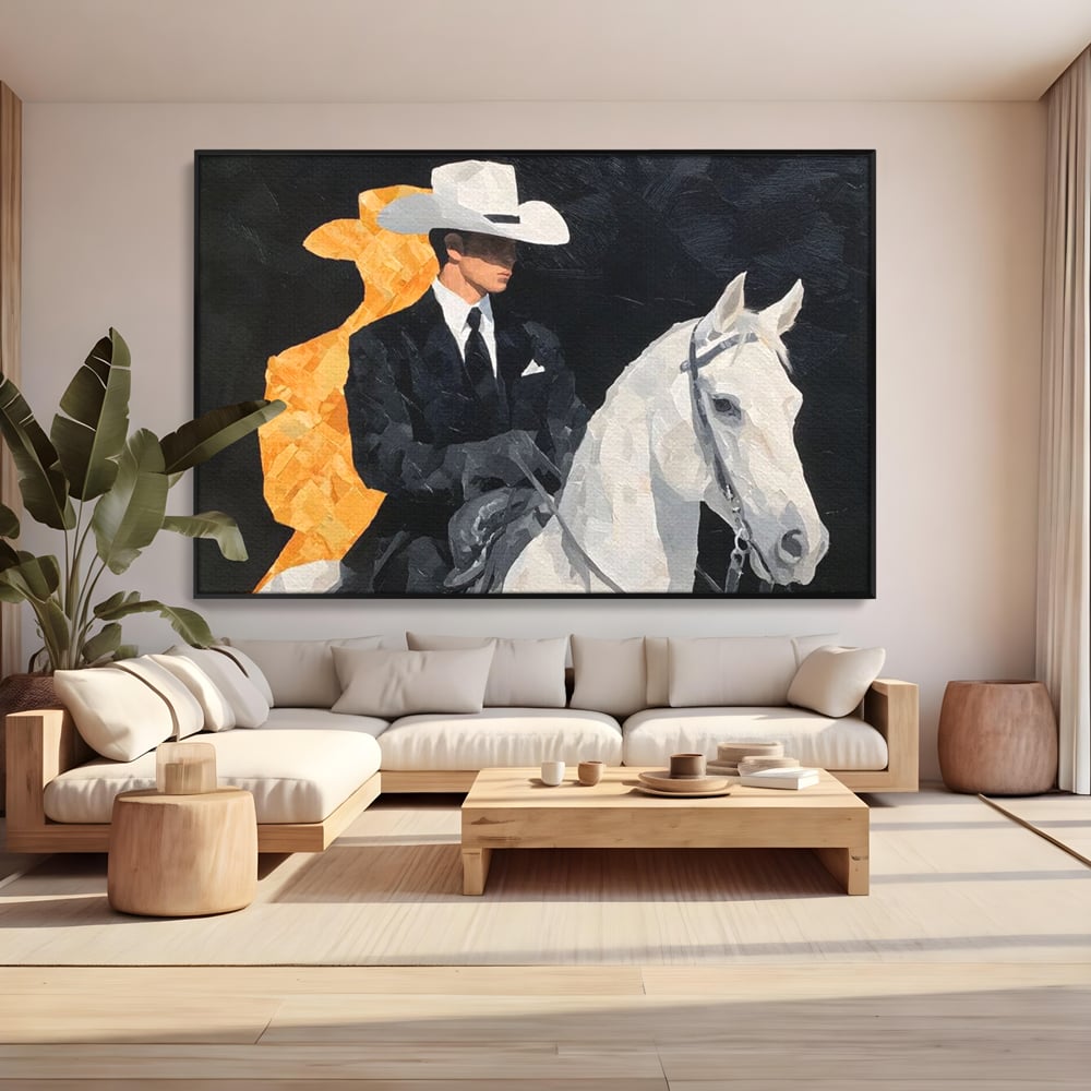 Leinwand Wandkunst Leinwand Wandkunst Premium, LuxCanva® M1540, Shaded Hero, Cowboy, Hüte, Pferd, Mann, Ritter, Elegant, Schatten, Schwarz, Schlafzimmer, Büro, Wohnen, Kinderzimmer