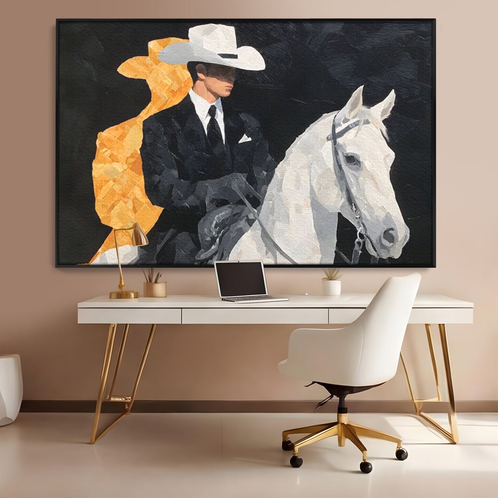 Leinwand Wandkunst Leinwand Wandkunst Premium, LuxCanva® M1540, Shaded Hero, Cowboy, Hüte, Pferd, Mann, Ritter, Elegant, Schatten, Schwarz, Schlafzimmer, Büro, Wohnen, Kinderzimmer