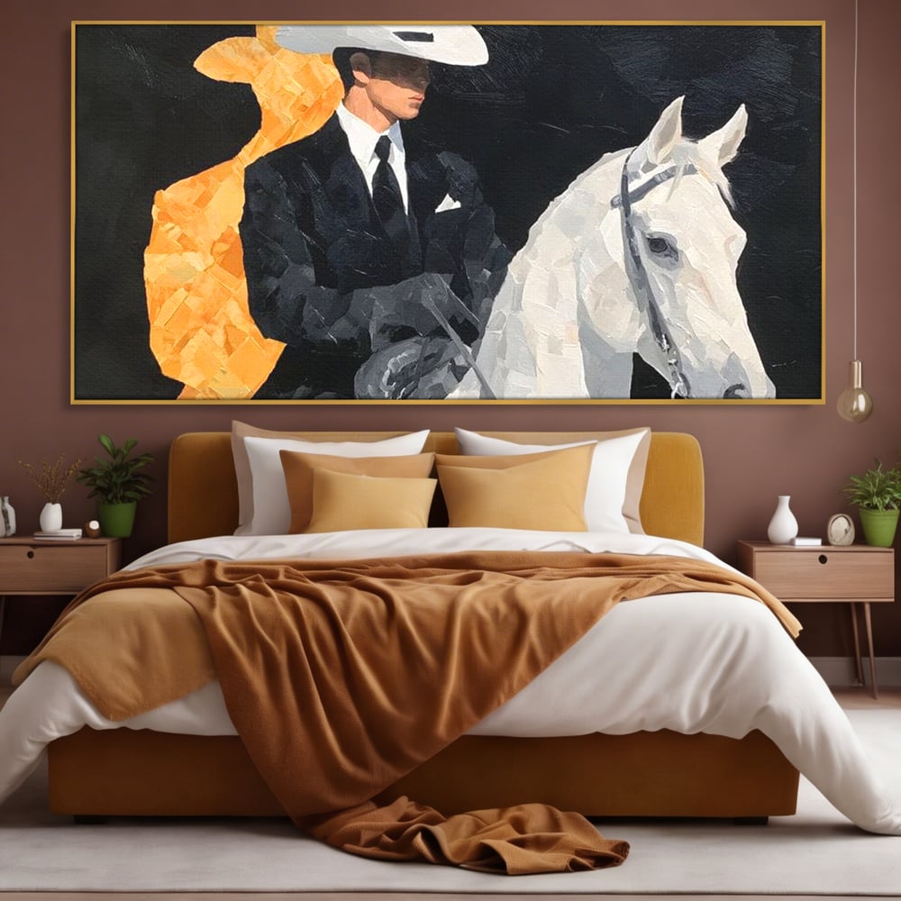 Leinwand Wandkunst Leinwand Wandkunst Premium, LuxCanva® M1540, Shaded Hero, Cowboy, Hüte, Pferd, Mann, Ritter, Elegant, Schatten, Schwarz, Schlafzimmer, Büro, Wohnen, Kinderzimmer