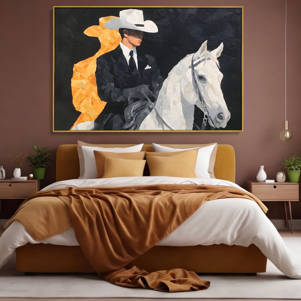 Leinwand Wandkunst Leinwand Wandkunst Premium, LuxCanva® M1540, Shaded Hero, Cowboy, Hüte, Pferd, Mann, Ritter, Elegant, Schatten, Schwarz, Schlafzimmer, Büro, Wohnen, Kinderzimmer