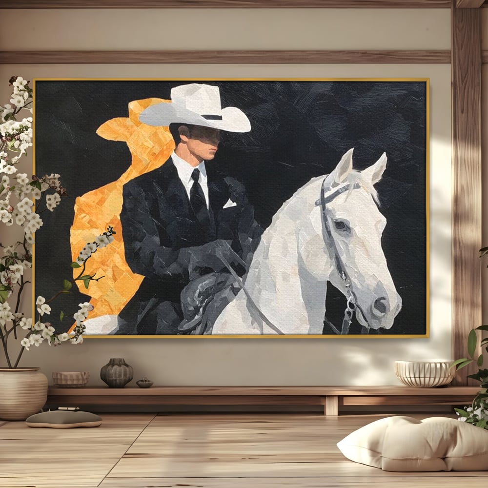 Leinwand Wandkunst Leinwand Wandkunst Premium, LuxCanva® M1540, Shaded Hero, Cowboy, Hüte, Pferd, Mann, Ritter, Elegant, Schatten, Schwarz, Schlafzimmer, Büro, Wohnen, Kinderzimmer
