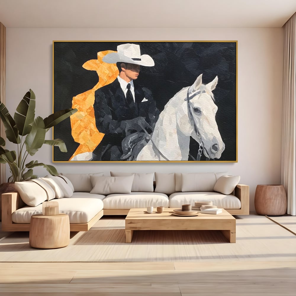 Leinwand Wandkunst Leinwand Wandkunst Premium, LuxCanva® M1540, Shaded Hero, Cowboy, Hüte, Pferd, Mann, Ritter, Elegant, Schatten, Schwarz, Schlafzimmer, Büro, Wohnen, Kinderzimmer