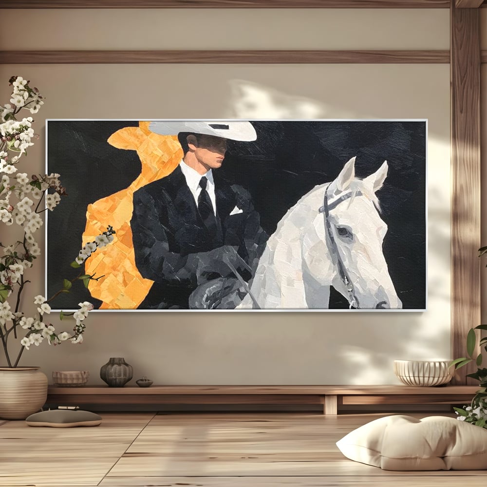 Leinwand Wandkunst Leinwand Wandkunst Premium, LuxCanva® M1540, Shaded Hero, Cowboy, Hüte, Pferd, Mann, Ritter, Elegant, Schatten, Schwarz, Schlafzimmer, Büro, Wohnen, Kinderzimmer