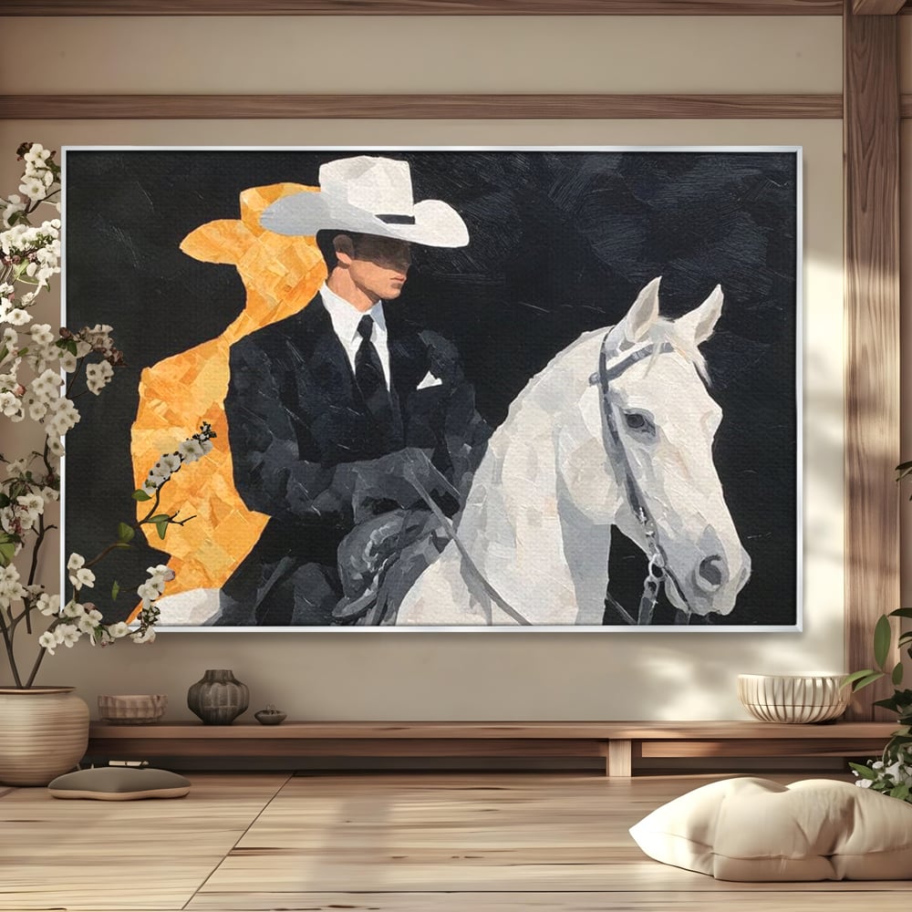 Leinwand Wandkunst Leinwand Wandkunst Premium, LuxCanva® M1540, Shaded Hero, Cowboy, Hüte, Pferd, Mann, Ritter, Elegant, Schatten, Schwarz, Schlafzimmer, Büro, Wohnen, Kinderzimmer
