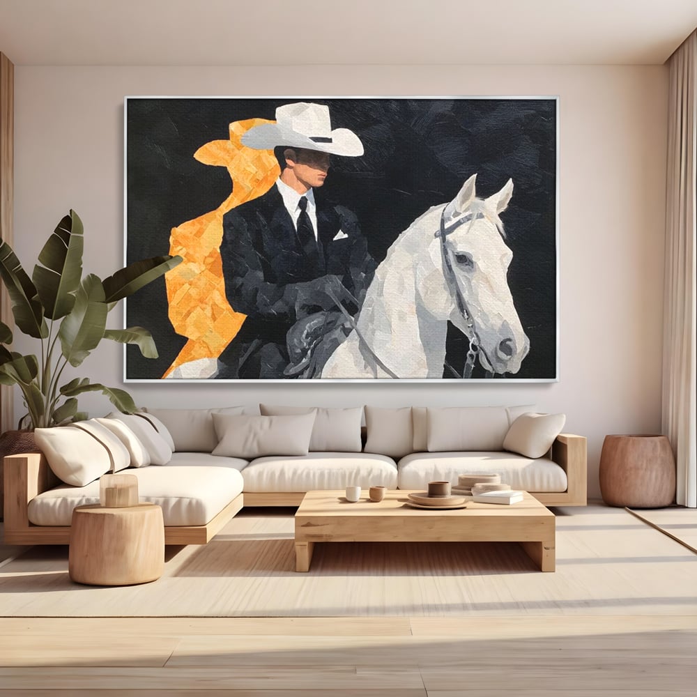 Leinwand Wandkunst Leinwand Wandkunst Premium, LuxCanva® M1540, Shaded Hero, Cowboy, Hüte, Pferd, Mann, Ritter, Elegant, Schatten, Schwarz, Schlafzimmer, Büro, Wohnen, Kinderzimmer