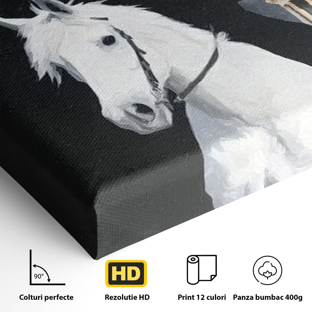 Leinwand Wandkunst Canvas Wall Art Premium, LuxCanva® M1541, Snow Patrol, Reiter, Schatten, Urban, Weißes Pferd, Cowboy, Silhouette, Mystery, Gebäude, Schlafzimmer, Büro, Wohnen, Wohnzimmer, Kinderzimmer