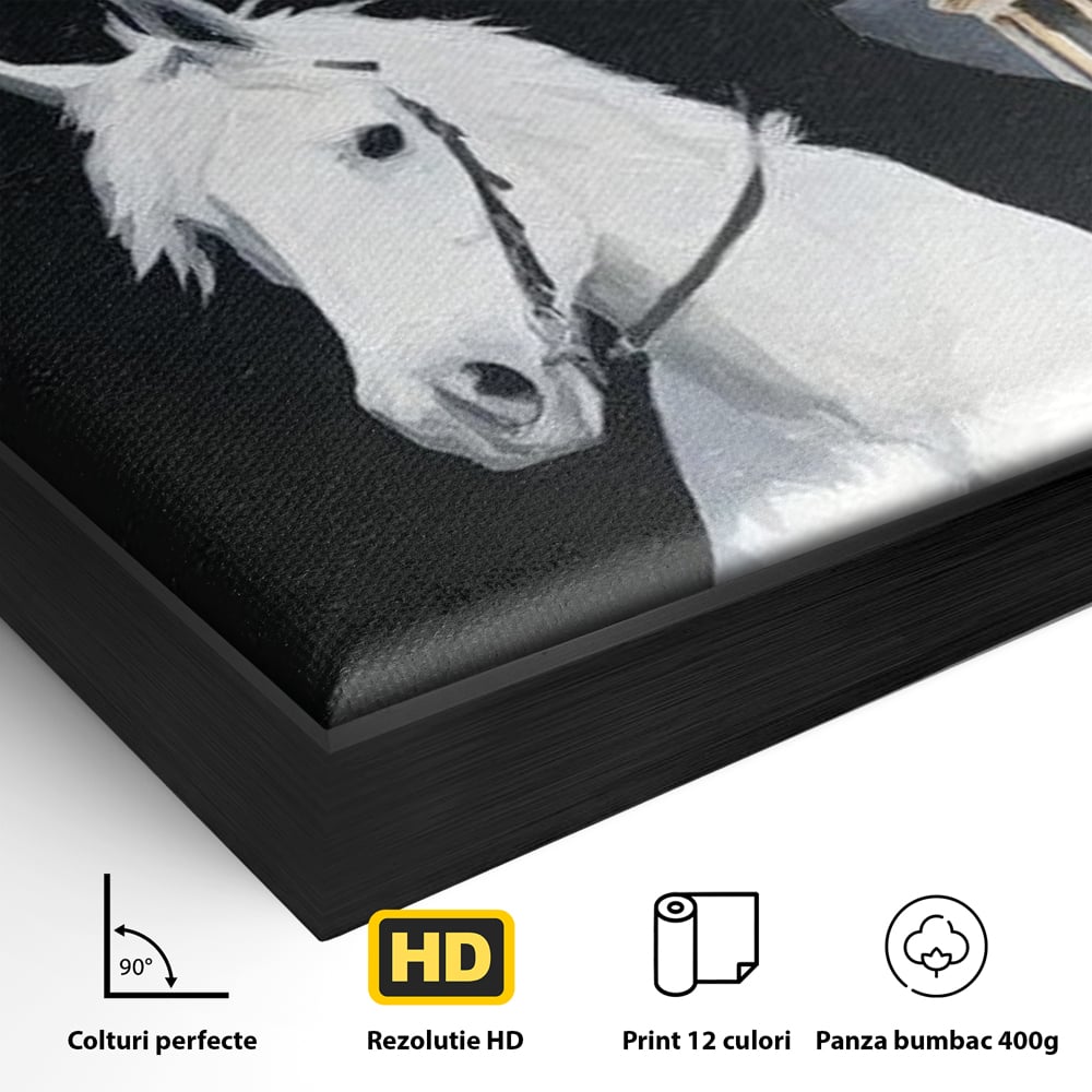 Leinwand Wandkunst Canvas Wall Art Premium, LuxCanva® M1541, Snow Patrol, Reiter, Schatten, Urban, Weißes Pferd, Cowboy, Silhouette, Mystery, Gebäude, Schlafzimmer, Büro, Wohnen, Wohnzimmer, Kinderzimmer