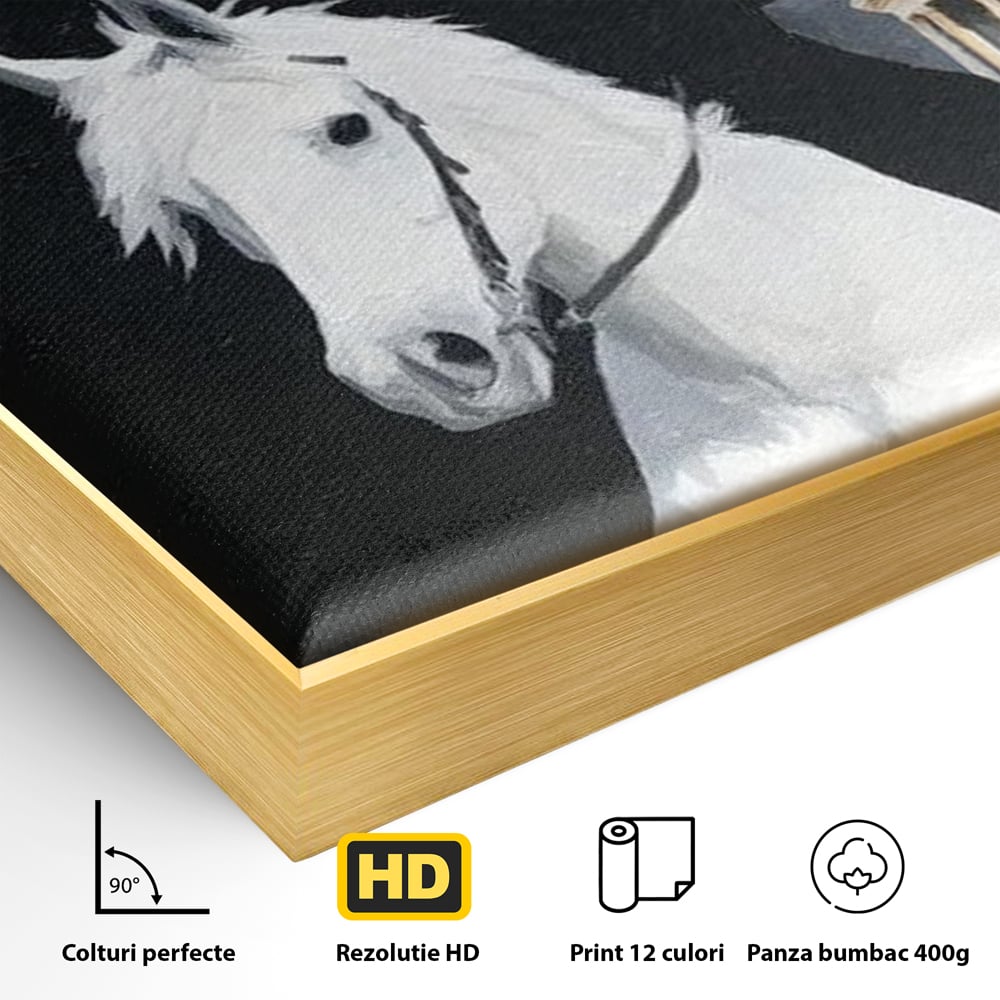 Leinwand Wandkunst Canvas Wall Art Premium, LuxCanva® M1541, Snow Patrol, Reiter, Schatten, Urban, Weißes Pferd, Cowboy, Silhouette, Mystery, Gebäude, Schlafzimmer, Büro, Wohnen, Wohnzimmer, Kinderzimmer