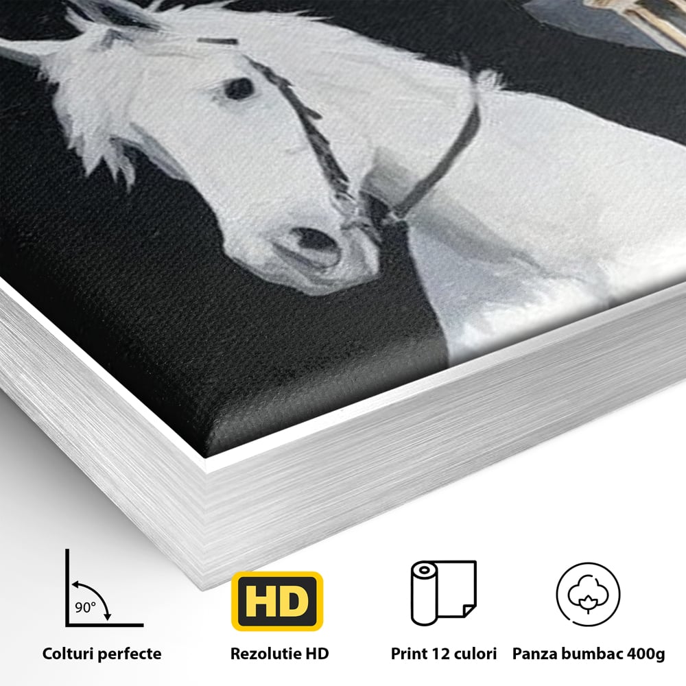Leinwand Wandkunst Canvas Wall Art Premium, LuxCanva® M1541, Snow Patrol, Reiter, Schatten, Urban, Weißes Pferd, Cowboy, Silhouette, Mystery, Gebäude, Schlafzimmer, Büro, Wohnen, Wohnzimmer, Kinderzimmer