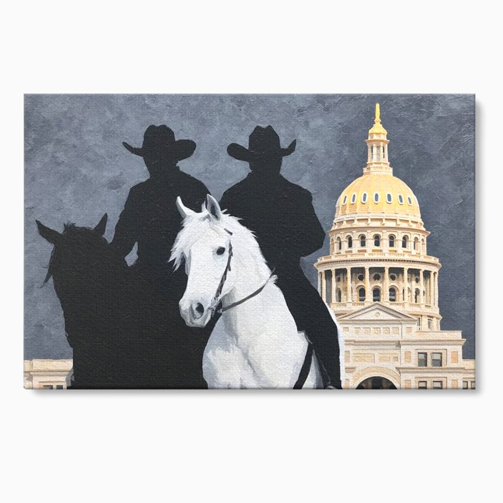 Leinwand Wandkunst Canvas Wall Art Premium, LuxCanva® M1541, Snow Patrol, Reiter, Schatten, Urban, Weißes Pferd, Cowboy, Silhouette, Mystery, Gebäude, Schlafzimmer, Büro, Wohnen, Wohnzimmer, Kinderzimmer