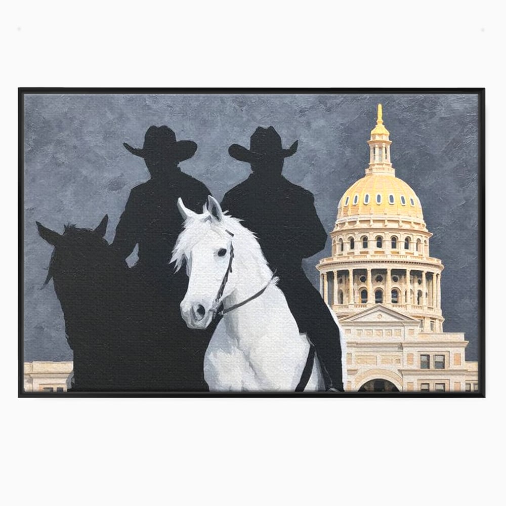 Leinwand Wandkunst Canvas Wall Art Premium, LuxCanva® M1541, Snow Patrol, Reiter, Schatten, Urban, Weißes Pferd, Cowboy, Silhouette, Mystery, Gebäude, Schlafzimmer, Büro, Wohnen, Wohnzimmer, Kinderzimmer