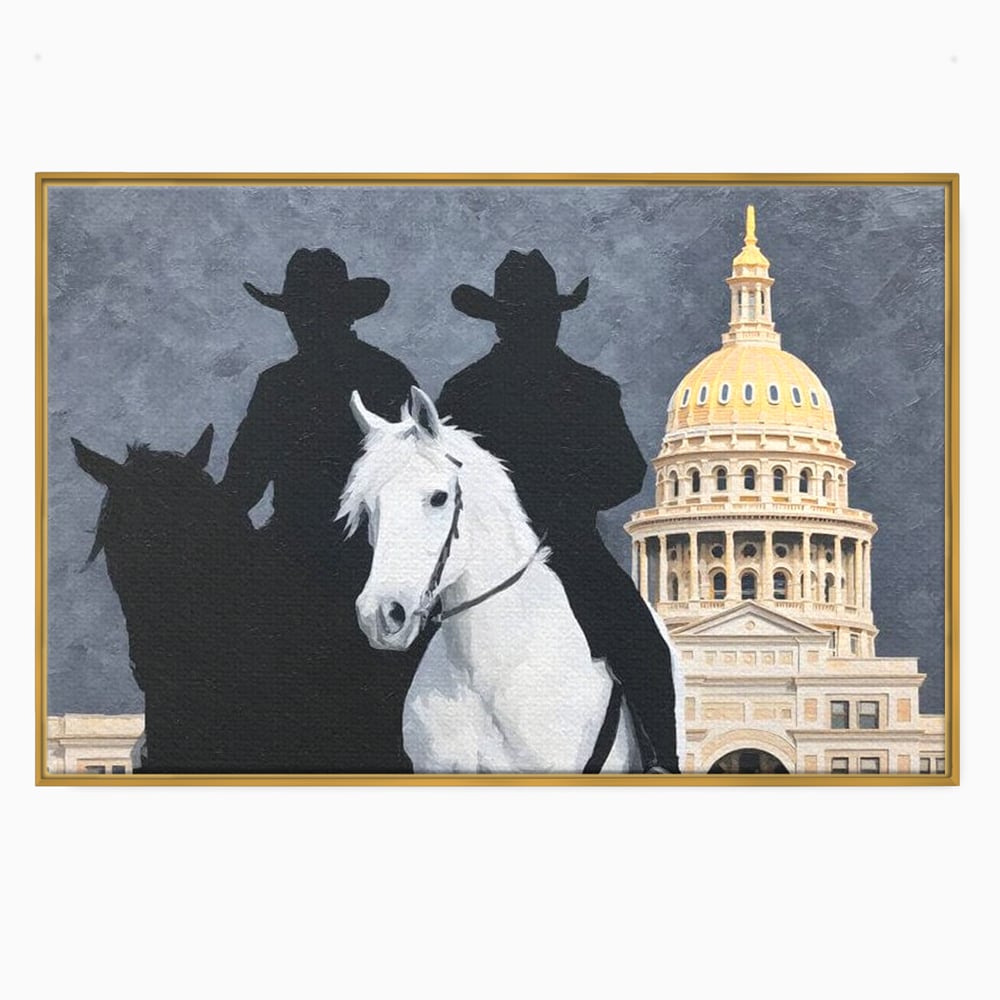 Leinwand Wandkunst Canvas Wall Art Premium, LuxCanva® M1541, Snow Patrol, Reiter, Schatten, Urban, Weißes Pferd, Cowboy, Silhouette, Mystery, Gebäude, Schlafzimmer, Büro, Wohnen, Wohnzimmer, Kinderzimmer