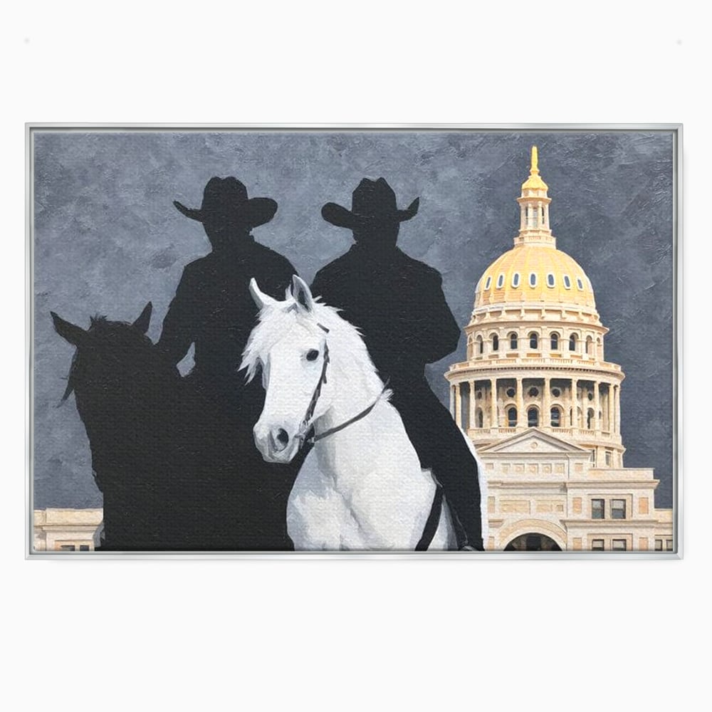 Leinwand Wandkunst Canvas Wall Art Premium, LuxCanva® M1541, Snow Patrol, Reiter, Schatten, Urban, Weißes Pferd, Cowboy, Silhouette, Mystery, Gebäude, Schlafzimmer, Büro, Wohnen, Wohnzimmer, Kinderzimmer
