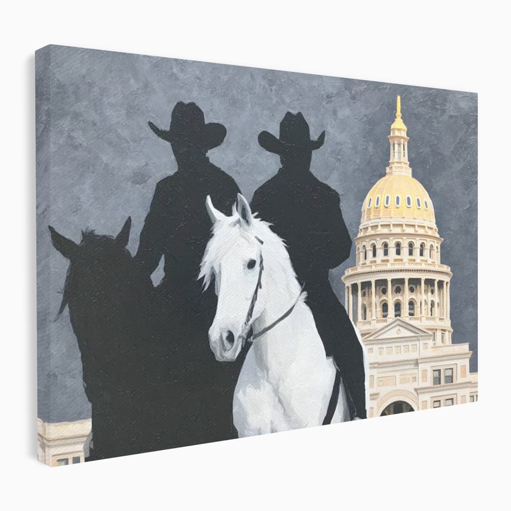 Leinwand Wandkunst Canvas Wall Art Premium, LuxCanva® M1541, Snow Patrol, Reiter, Schatten, Urban, Weißes Pferd, Cowboy, Silhouette, Mystery, Gebäude, Schlafzimmer, Büro, Wohnen, Wohnzimmer, Kinderzimmer