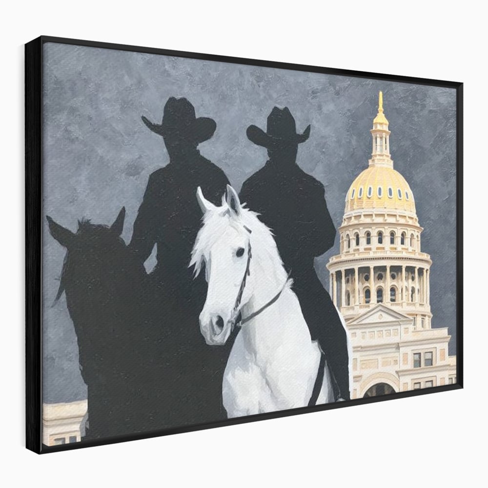 Leinwand Wandkunst Canvas Wall Art Premium, LuxCanva® M1541, Snow Patrol, Reiter, Schatten, Urban, Weißes Pferd, Cowboy, Silhouette, Mystery, Gebäude, Schlafzimmer, Büro, Wohnen, Wohnzimmer, Kinderzimmer